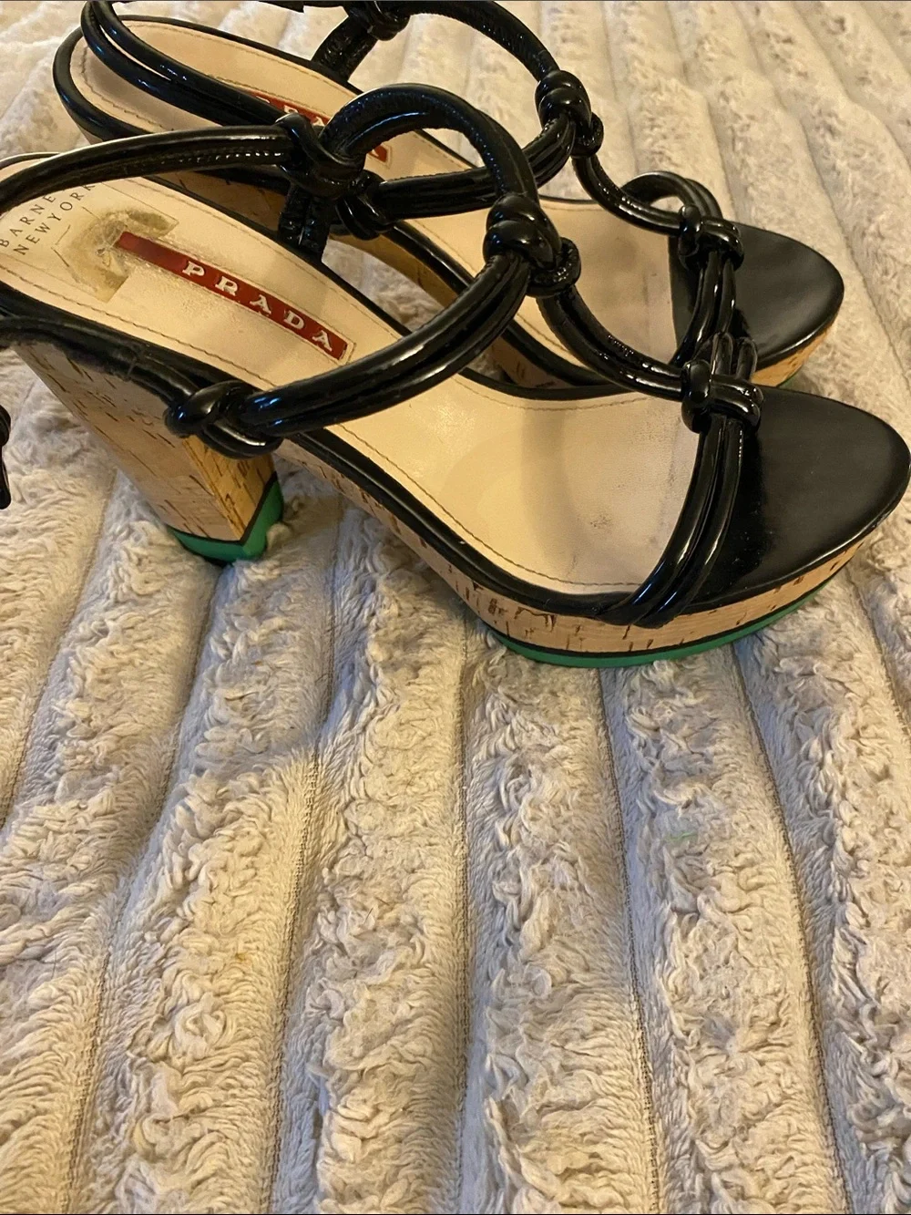 Prada Black Patent Cork Platform Sandals with Green Trim